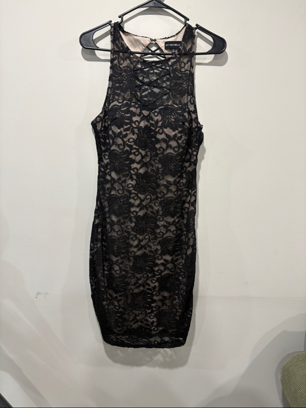 My Michelle Black Lace Mini Dress with Nude Lining